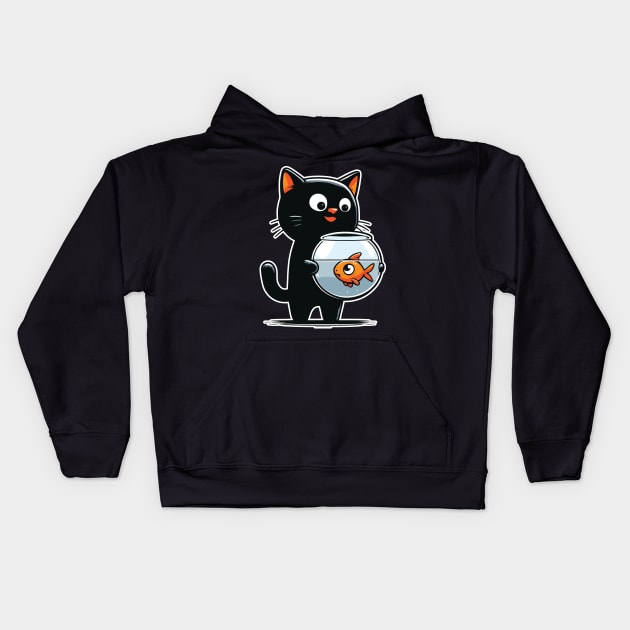 Cat Staring Down at Fish in Fishbowl Graphic Kids Hoodie by Graphic Duster